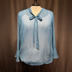 ALYX Sheer Teal Retro Tie-Neck Blouse 3X | Vintage 80s 90s Chic Bell Sleeve